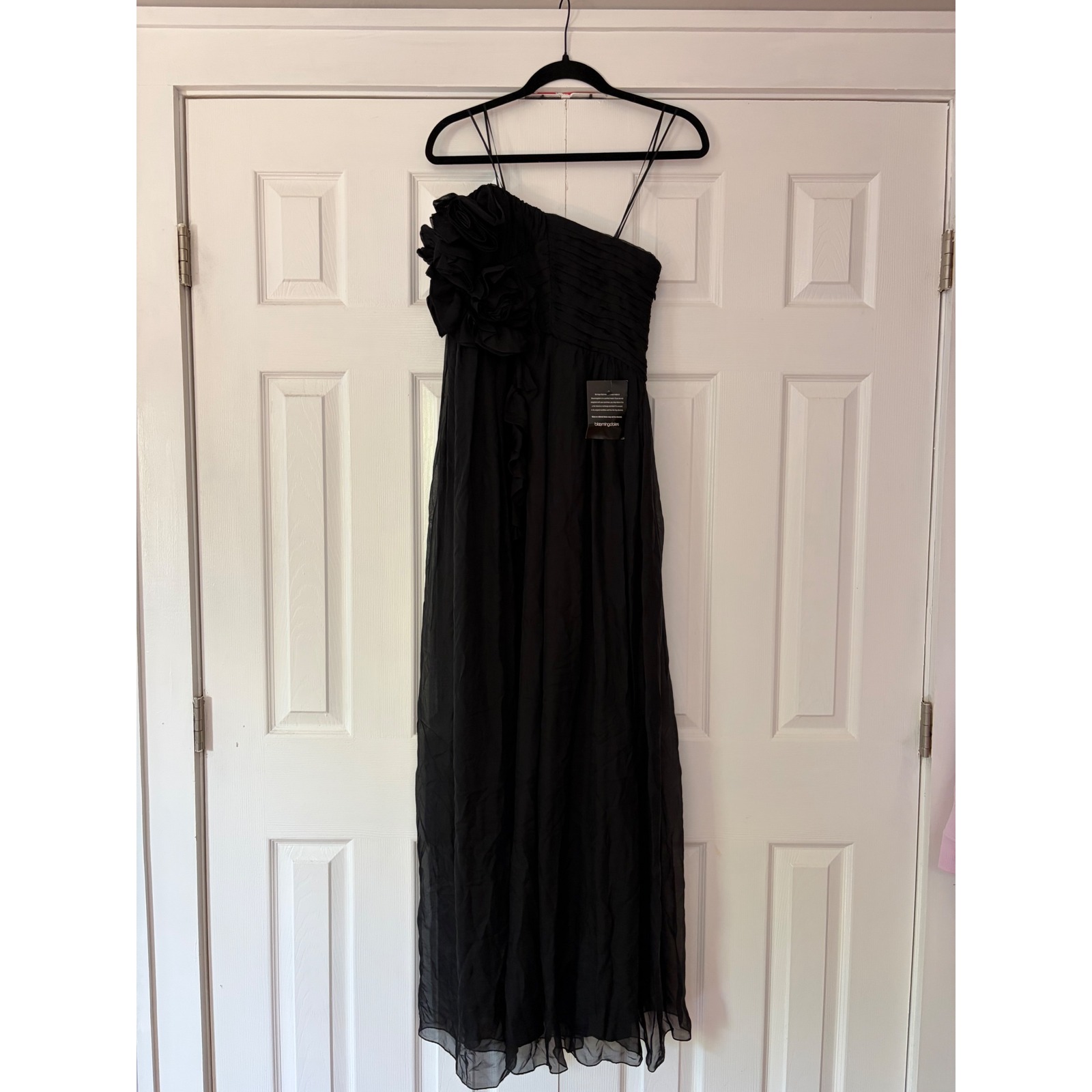 Abs Allen Schwartz Black 100% Silk One Shoulder Rosette Gown Dress 6 8f7730z